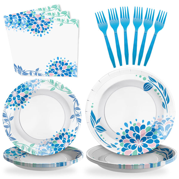96 Pcs Floral Blue White Party Plates Disposable Tableware SCIONE