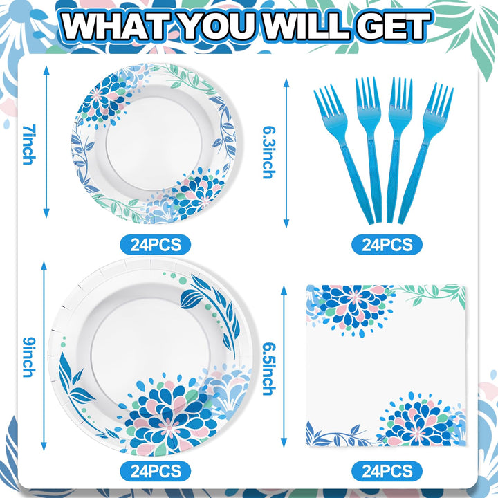 96 Pcs Floral Blue White Party Plates Disposable Tableware SCIONE