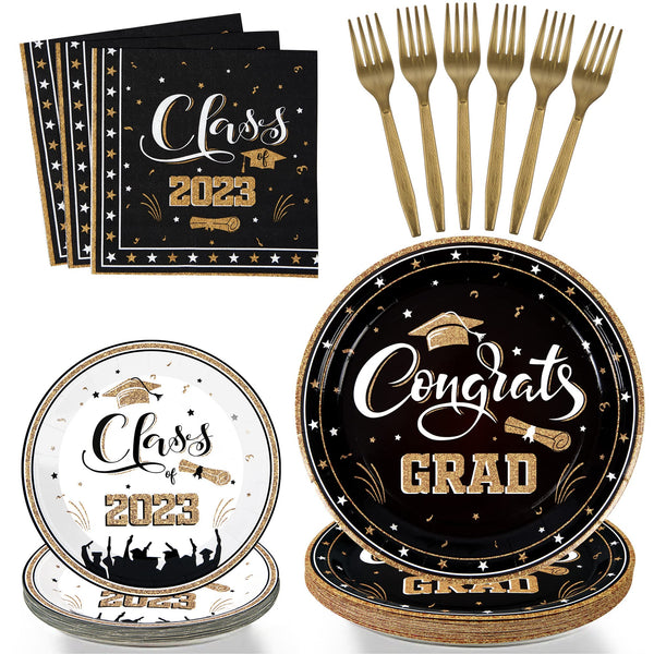 96 Pcs Graduation Party Plates Disposable Tableware - Black and Gold SCIONE