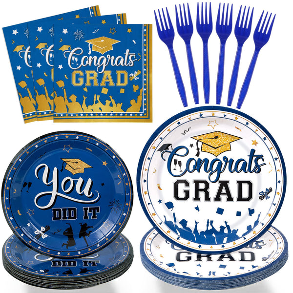 96 Pcs Graduation Party Plates Disposable Tableware - Blue SCIONE