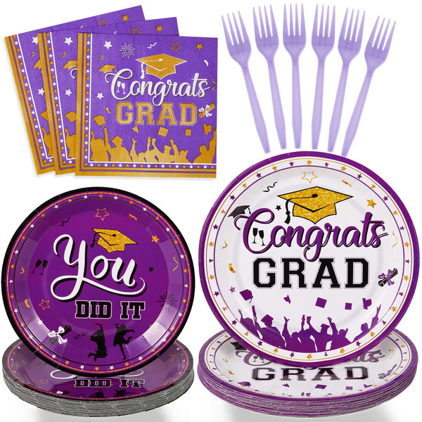 96 Pcs Graduation Party Plates Disposable Tableware - Purple SCIONE