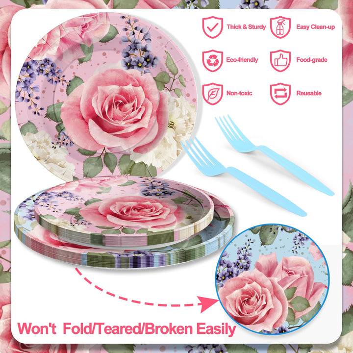 96 Pcs Pink Rose Party Plates Disposable Tableware SCIONE