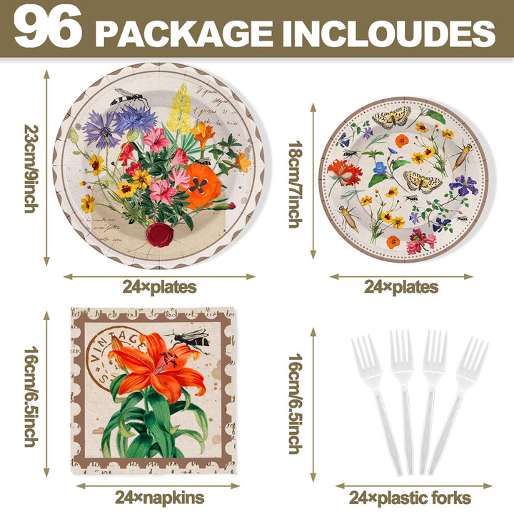 96 Pcs Wildflowers Party Plates Disposable Tableware SCIONE