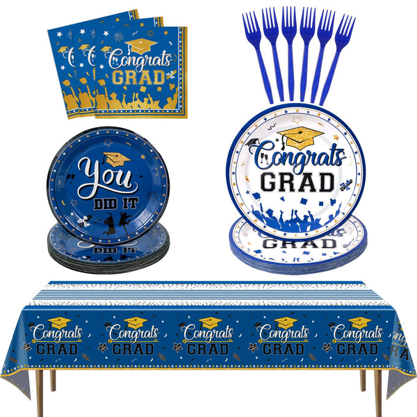 99 Pcs Graduation Party Plates Disposable Tableware - Blue SCIONE