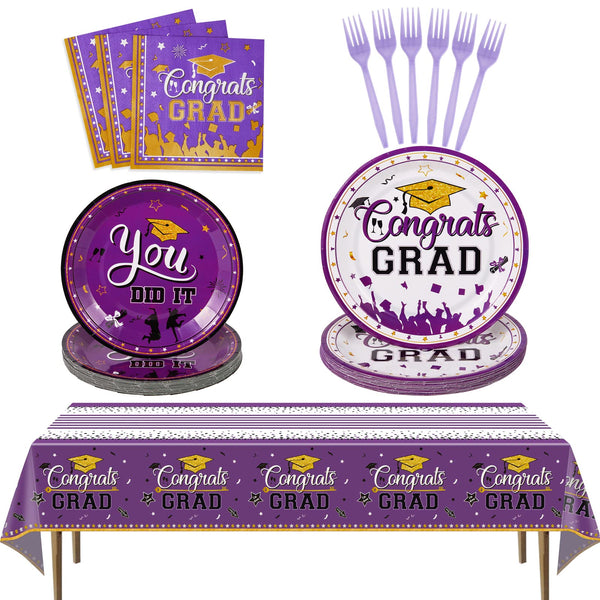 99 Pcs Graduation Party Plates Disposable Tableware - Purple SCIONE