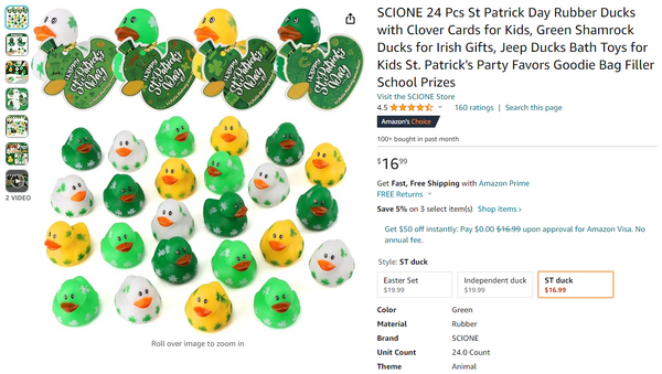 24 Pcs St Patrick Day Rubber Ducks with Clover Cards SCIONE