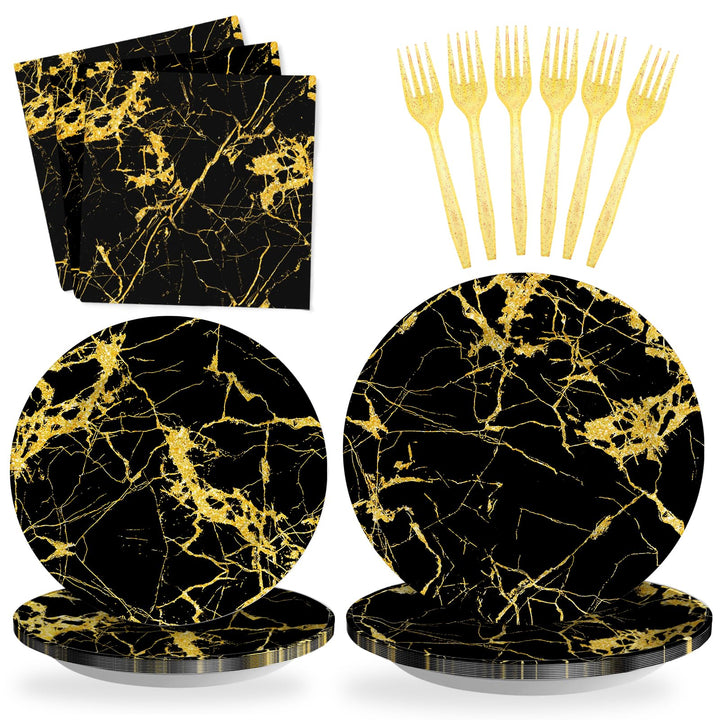 96 Pcs Black and Gold Paper Plates Disposable Dinnerware Sets SCIONE