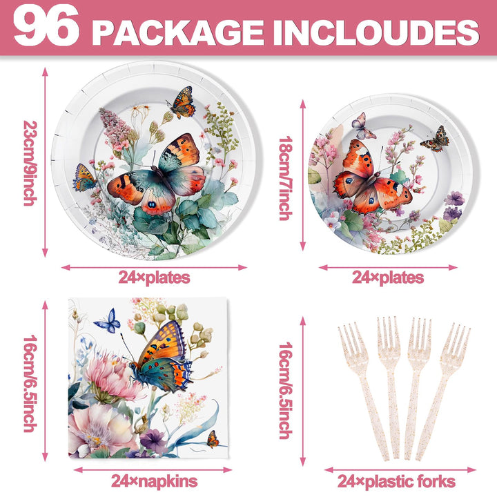 96 Pcs Butterfly Party Plates Disposable Dinnerware Sets SCIONE