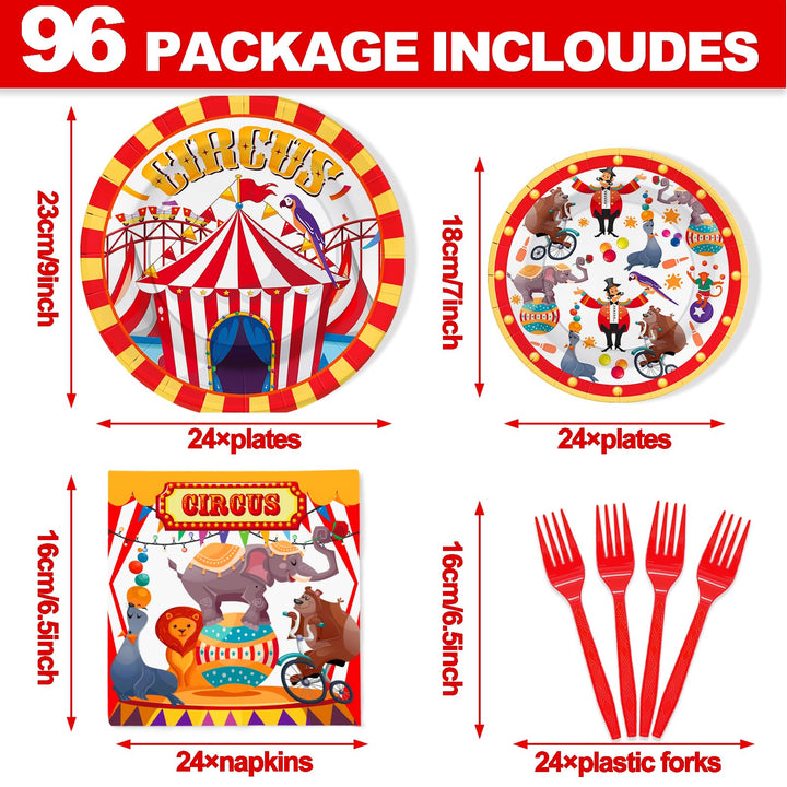 96 Pcs Circus Carnival Paper Plates Disposable Dinnerware Sets SCIONE