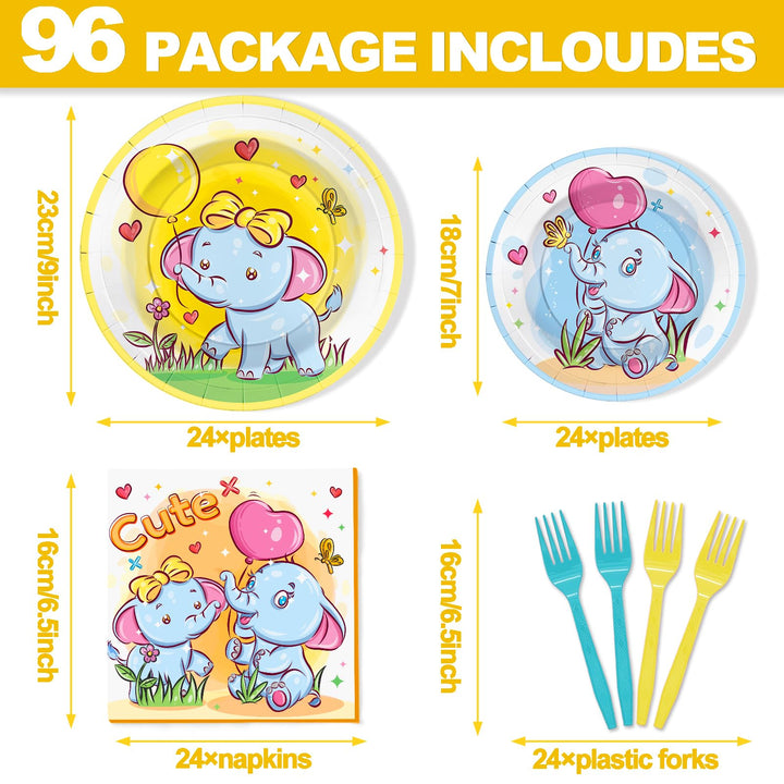 96 Pcs Elephant Party Plates Disposable Dinnerware Sets SCIONE