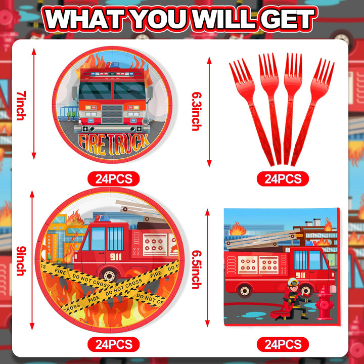 96 Pcs Firetruck Party Plates Disposable Tableware SCIONE