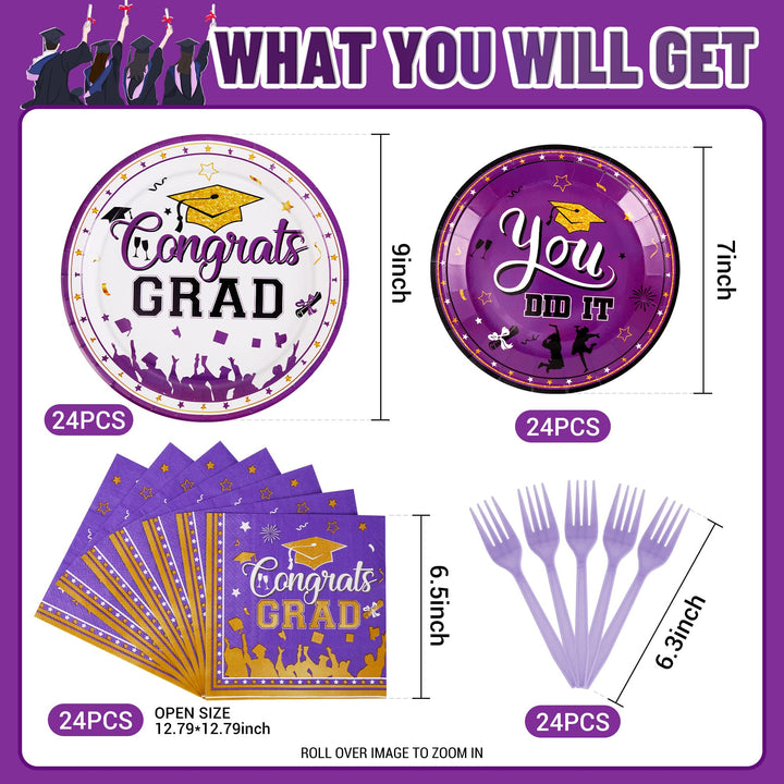 96 Pcs Graduation Party Plates Disposable Tableware - Purple SCIONE