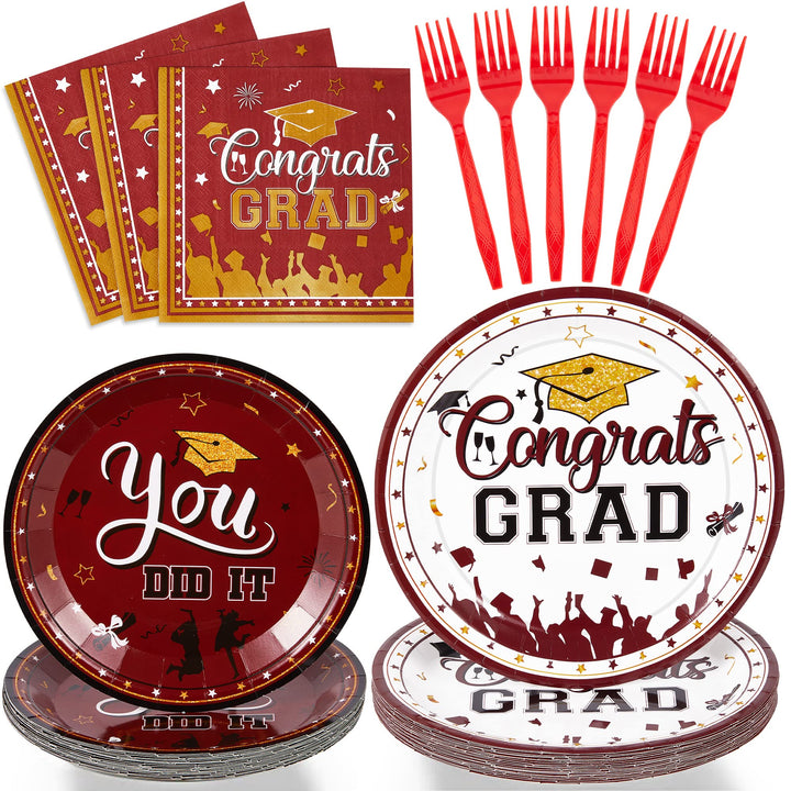 96 Pcs Graduation Party Plates Disposable Tableware - Red SCIONE