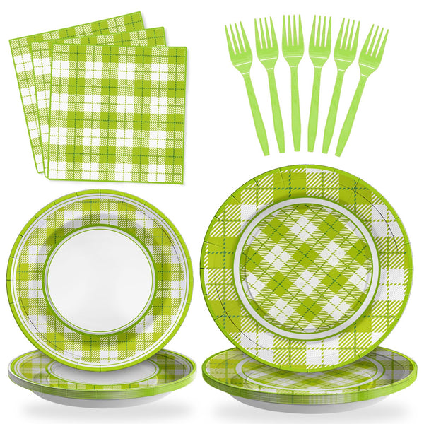 96 Pcs Green and White Plaid Party Plates Disposable Tableware SCIONE