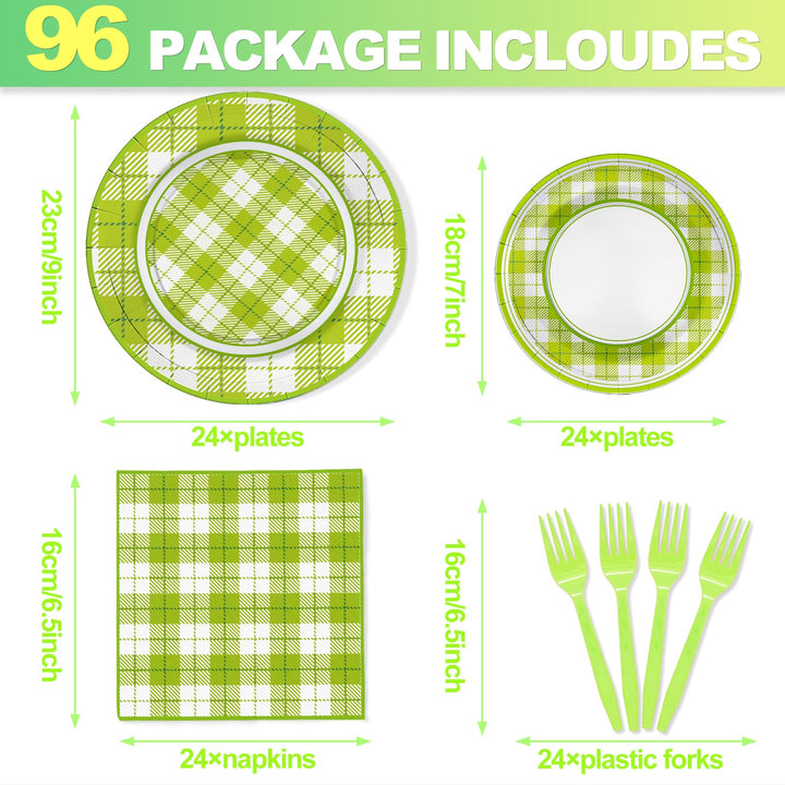 96 Pcs Green and White Plaid Party Plates Disposable Tableware SCIONE