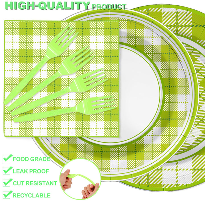 96 Pcs Green and White Plaid Party Plates Disposable Tableware SCIONE