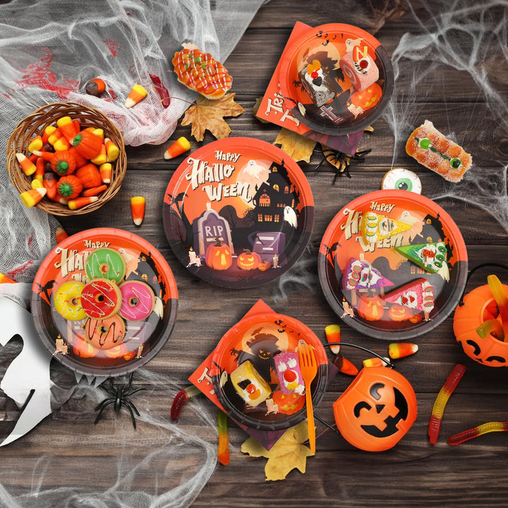 96 Pcs Halloween Theme Party Plates Disposable Dinnerware Sets SCIONE