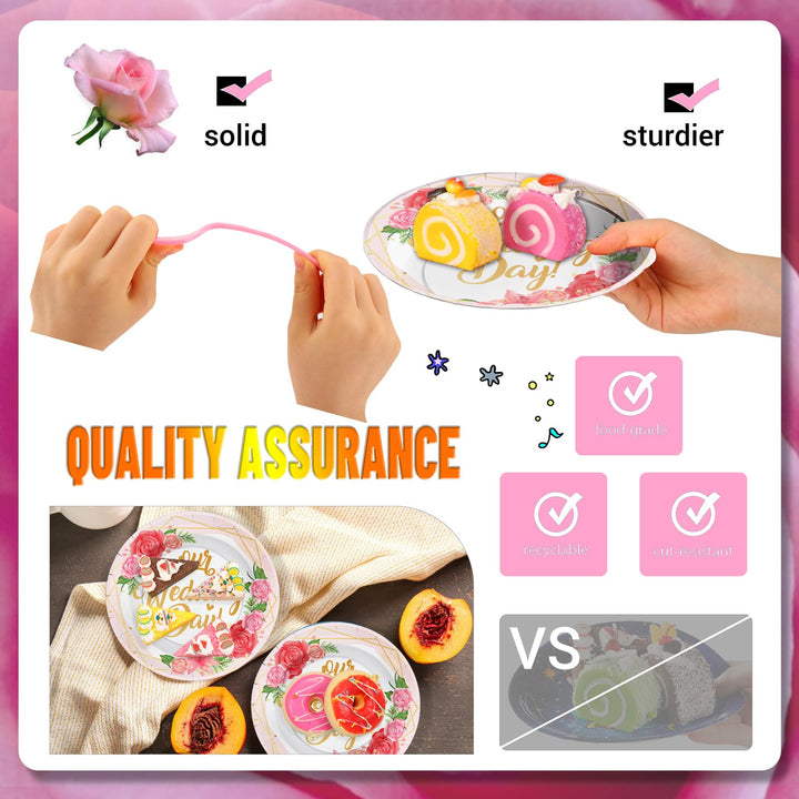 96 Pcs Pink Flower Wedding Party Plates Disposable Tableware SCIONE