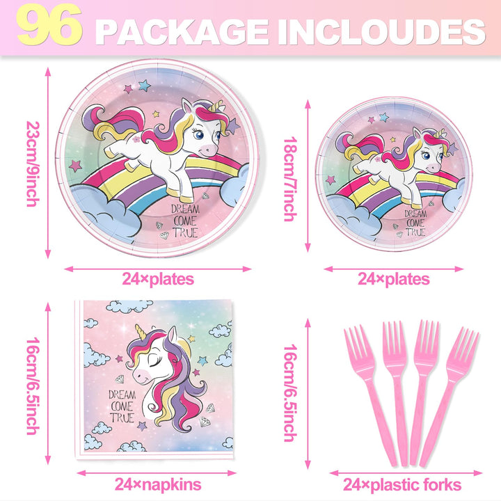 96 Pcs Rainbow Unicorn Party Plates Disposable Tableware SCIONE