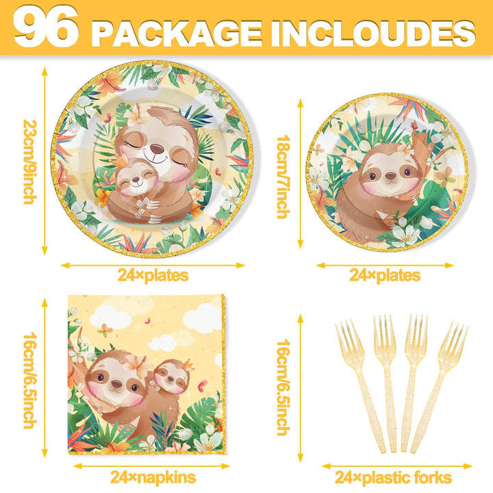 96 Pcs Sloth Animal Party Plates Disposable Dinnerware Sets SCIONE