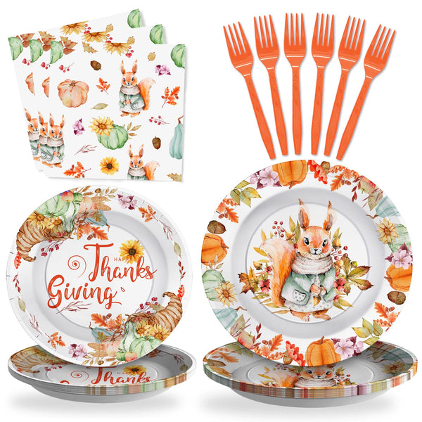 96 Pcs Thanksgiving Squirrel Party Plates Disposable Tableware SCIONE