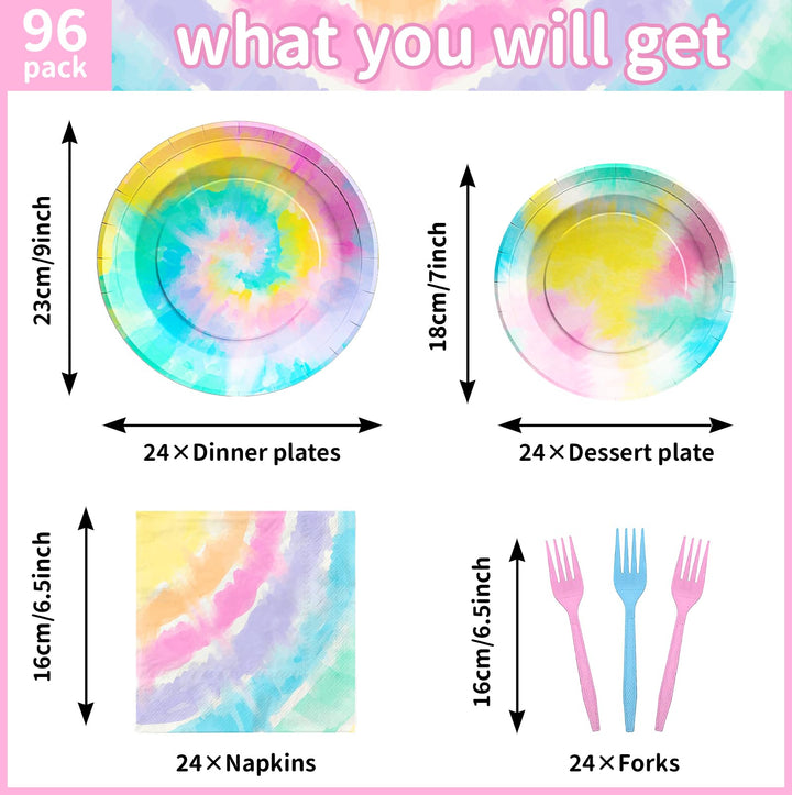 96 Pcs Tie Dye Party Plates Disposable Tableware SCIONE