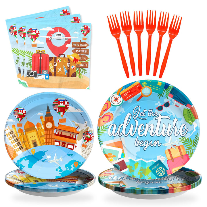 96 Pcs Travel Theme Paper Plates Disposable Dinnerware Sets SCIONE