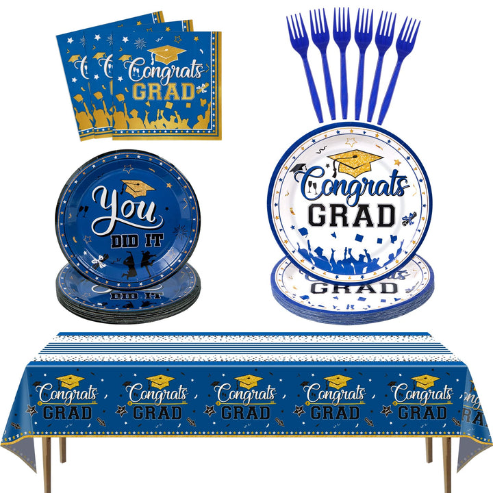 99 Pcs Graduation Party Plates Disposable Tableware - Blue SCIONE