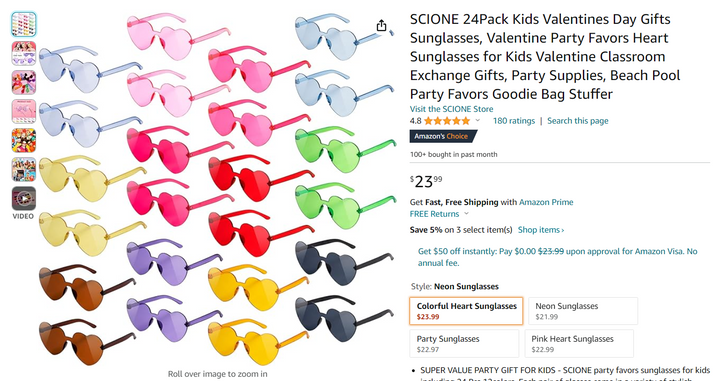 24 Pack Kids Sunglasses Party Favors - Colorful Heart Sunglasses SCIONE