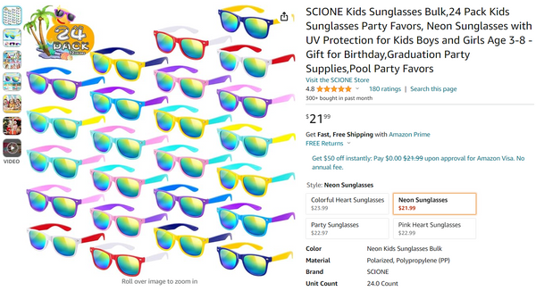 24 Pack Kids Sunglasses Party Favors - Neon Sunglasses SCIONE