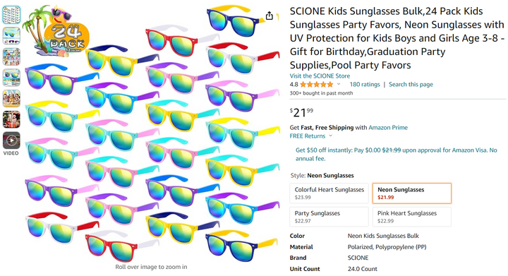 24 Pack Kids Sunglasses Party Favors - Neon Sunglasses SCIONE