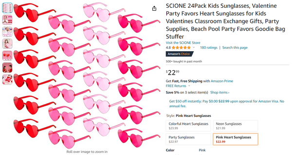 24 Pack Kids Sunglasses Party Favors - Pink Heart Sunglasses SCIONE